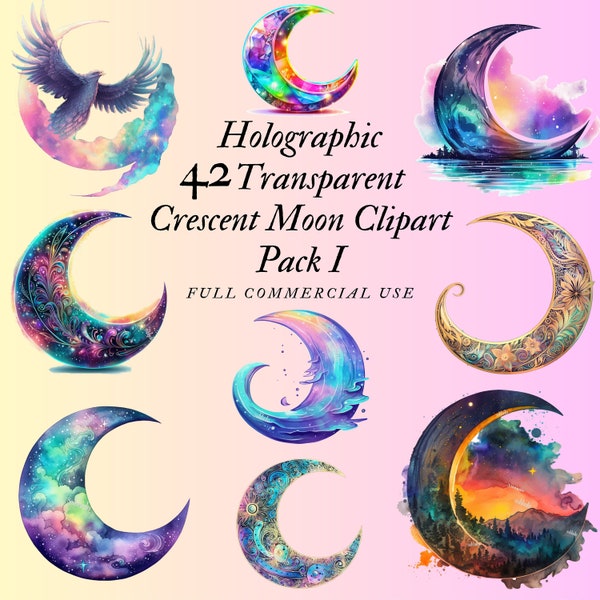 42 Holographic Crescent Moon Clipart | Transparent High Quality PNG | Watercolour | Instant Download, Printable With Full Commercial Use