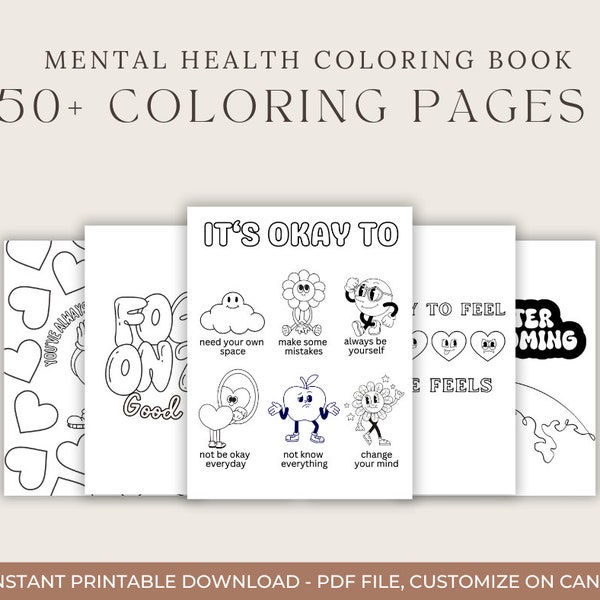 Mental Health Coloring Book,  Kids and Adult Coloring Book, Therapeutic Coloring Sheets for Her, Gift for Therapists and Teachers, 50 Pages