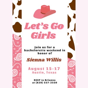 Customizable Bachelorette Invitation & Itinerary- Cowgirl Theme