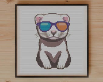 Ferret Sunglasses Cross Stitch Pattern, Whimsical Animal Art (PDF Download)