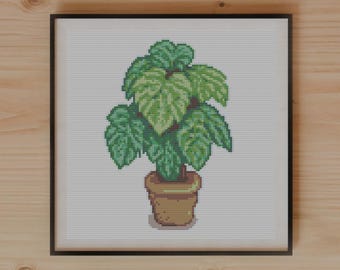 Monstera Plant Cross Stitch Pattern Vibrant Colors