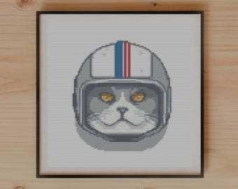 British Shorthair Cat in Race Helmet Cross Stitch Pattern
