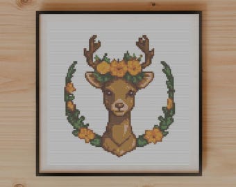 Deer Cross Stitch Pattern – Antlers, Flower Crown, Woodland Nursery Decor (PDF Download)