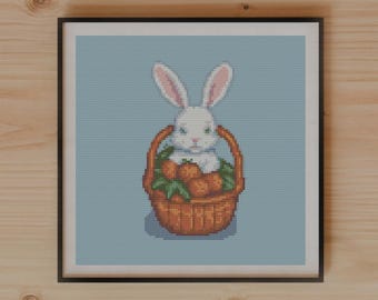 Cartoon Rabbit with Carrots Cross Stitch Pattern, Minimalist Design, Gift for Her, Nursery Decor