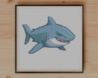Playful Cartoon Shark Cross Stitch Pattern, 15 Color Palette