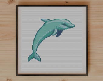 Modern Cartoon Dolphin Cross Stitch Pattern, Limited Color Palette, Bold Outlines
