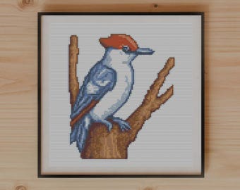 Woodpecker on Tree Trunk Cross Stitch Pattern, Bold Lines, Modern Embroidery