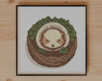 Sleepy Hedgehog Nest Cross Stitch Pattern, Minimalist Line Art, Adorable Animal Decor