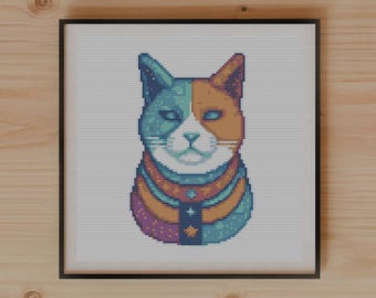 Cosmic Cat Cross Stitch Pattern, Starry Collar Design, Modern Wall Art