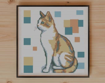 Playful Tabby Cat Cross Stitch Pattern - Geometric Design