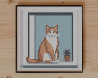Playful Tabby Cat Windowsill Cross Stitch Pattern, Modern Vector Art, Limited Color Palette
