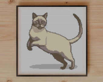 Playful Siamese Cat Cross Stitch Pattern, Modern Vector Design, 15 Color Palette