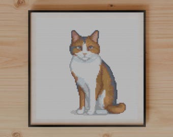 Curious Calico Cat with Race Numbers, Modern Aesthetic Cross Stitch Pattern