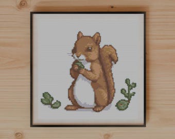 Mischievous Squirrel Holding Acorn Cross Stitch Pattern, Modern Flat Style Wall Art