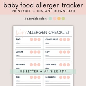 Allergenentracker voor babyvoeding voor de introductie van vaste stoffen | Eerste voedselallergenenchecklist voor spenen afdrukbare download | Observeren + volgen van reactie