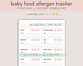 Rastreador de alérgenos de alimentos para bebés para la introducción de alimentos sólidos / Lista de verificación de alérgenos de los primeros alimentos para el destete Descarga imprimible / Observar + Seguir la reacción