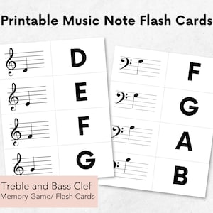 Afdrukbare muzieknoot-flashkaarten, muziekgeheugenspel, viool- en bassleutel voor piano en viool, notitiekaarten direct downloaden