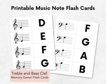 Printable Music Note Flash Cards, Music Memory Game, Treble and Bass Clef for Piano and Violin, Note Reading Cards Instant Download