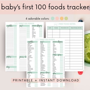 May include: Printable baby food tracker with a green and white color scheme. The tracker includes a list of 100 common foods for babies, categorized by vegetables, fruits, grains, proteins, dairy, and herbs and spices. The tracker also includes a section for recording the date, food, how it was prepared, and any reactions or notes.