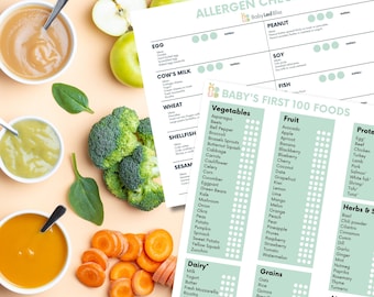 Op de afbeelding: Een bovenaanzicht van babyvoedingpurees in witte kommen met lepels, verse producten en twee checklists. De checklists, getiteld "Allergenenchecklist" en "Baby's eerste 100 voedingsmiddelen", bevatten verschillende voedingsmiddelen.