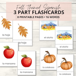 Herfst Spaanse 3-delige kaarten | Afdrukbare flashcards met Spaans thema | Montessori-herfstkaarten: 3 delen