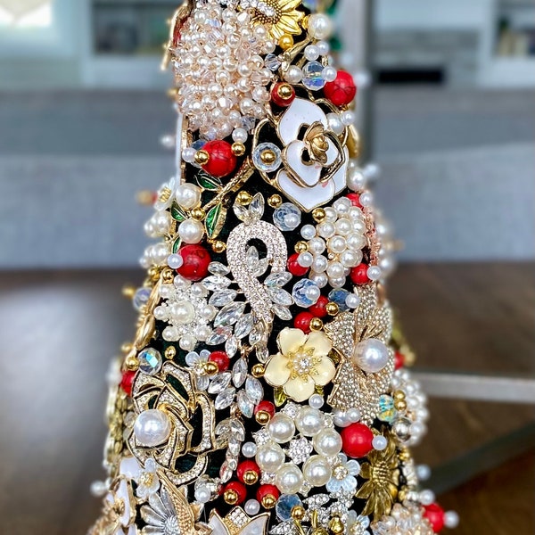 Stunning jewelry encrusted Christmas tree vintage cone topiary jewelry art