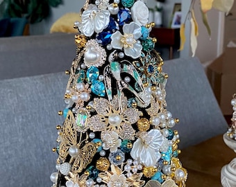 Stunning  jewelry art Christmas tree topiary 15”  height overall