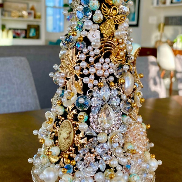 Elegant jewelry encrusted Christmas tree vintage jewelry art cone topiary