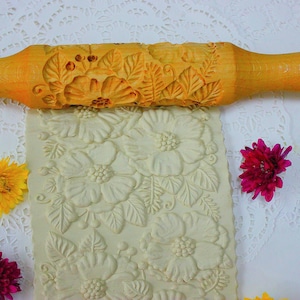 Rolling pin for dough carved ,Poppies flowers