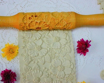 Rolling pin for dough carved ,Poppies flowers