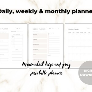 Puede incluir: Planificador diario, semanal y mensual imprimible en un diseño minimalista beige y gris. Las páginas del planificador incluyen secciones para listas de tareas, citas, notas y planificación de comidas.