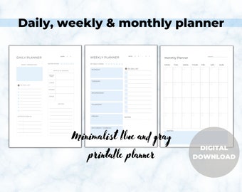 Minimalistic Planner, Daily, Weekly and Monthly, Printable Planner, Digital Planner, To Do List Work, Productivity Planner,  A4/A5/US letter