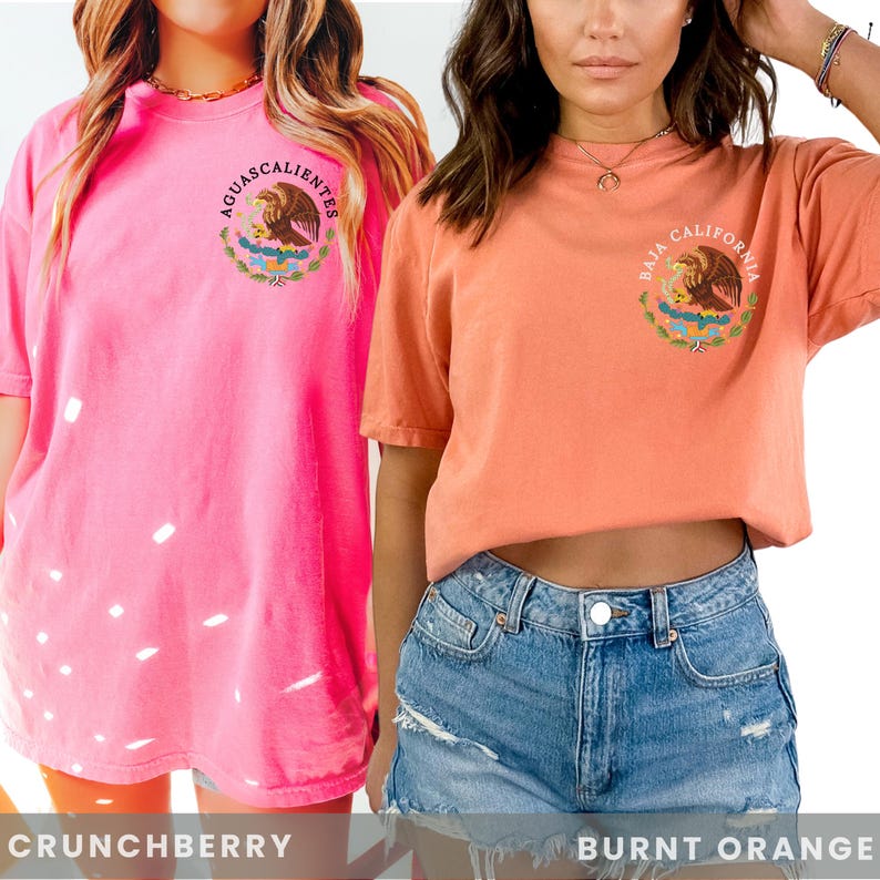 Two models in Comfort Colors brand shirt with graphic of Mexican Coat of Arms personalizable with mexico states. Ovesized shirts in colors crunchberry & burnt Orange.