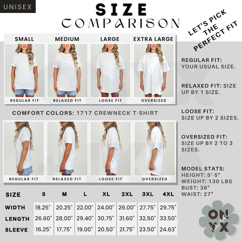 Pu&ograve; includere: Tabella di confronto taglie per una t-shirt girocollo unisex. Il grafico mostra diverse vestibilit&agrave;: regolare, rilassata, ampia e oversize. Misure in cm per larghezza, lunghezza e lunghezza manica per taglie S-4XL. Modella: 165cm, 130 lbs, 91cm busto, 69cm vita.