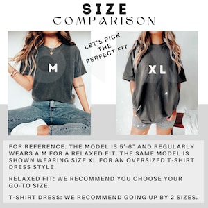 A size comparison chart. Showing a woman model in her regular size tshirt Medium. She is 5 feet 6inches;.  In the other image is a picture of her in an XL shirt showing what oversized dress shirt looks like to be used as a reference.