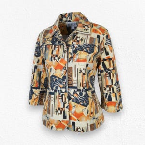 90s Vintage Retro Orange Geometric Twill Button Down Wearable Art Jacket Size XL