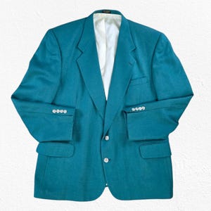 1980s Vintage Teal Green Wool Blend Blazer – Classic Suit Jacket Sports Coat Size 48R Retro Statement Menswear Fall Fashion Layering Piece