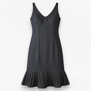 May include: A black pinstripe dress with a V-neck and a flared hem. The dress has thin white vertical stripes and a sleeveless design. The dress is a knee-length style, suitable for various occasions.