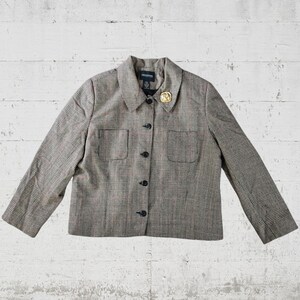 1990s Vintage Houndstooth Plaid Retro Brooch Wool Blazer Jacket Size 16 Tan Black Plaid Blazer Retro Jacket