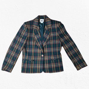 1980s Vintage Leslie Fay Green Plaid Wool Blazer – Tartan Academia Style Preppy Checkered Jacket – Size 10 Classic Retro Look