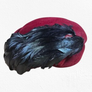 1950s Vintage Burgundy Wool Hat Black Feathers Mid-Century Formal Fascinator Burgundy Vintage Felt Hat With Feather Accents - Etsy main image 4