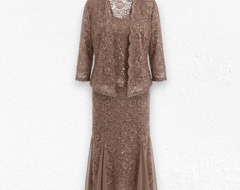 Vestido midi vintage de encaje con lentejuelas de los años 90 con chaqueta, marrón bronce, talla 12