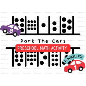 May include: A preschool math activity printable PDF with the text "Park The Cars" and "Preschool Math Activity". The image features black dots, car illustrations, and the number 1 and 8.