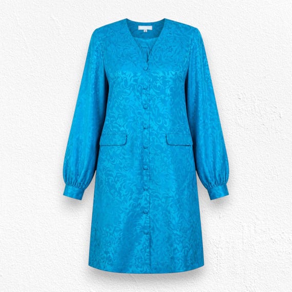 Vintage Adrianna Papell Turquoise Silk Jacquard Coat Dress Size 12
