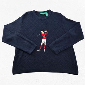 Vintage LizGolf Navy Blue Cotton Sweater Medium | Embroidered Golfer Argyle Knit Pullover | 90s Preppy Golf Sportswear Retro Jumper