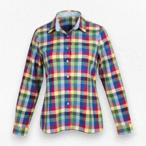 May include: A long-sleeve button-down shirt featuring a vibrant multi-colored plaid pattern in shades of red, blue, yellow, and green. The garment includes a classic collar, a front button placket, and buttoned cuffs on the long sleeves.