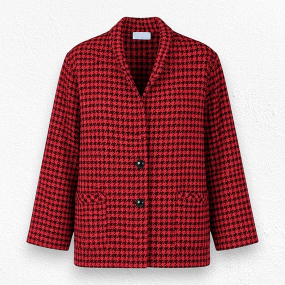 1980s Vintage Red Houndstooth Union USA Made Single Breasted Blazer Size 12