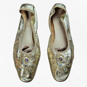 1960s Vintage Gold Ballet Slippers – Metallic USA Made Flats with Rhinestone Embellishments, Sparkly Mod Party Shoes Size 8