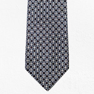 90s Vintage Dion Black Brown Geometric Print Italian Silk Necktie – Elegant Luxury Menswear Accessory Made in Italy Retro Style