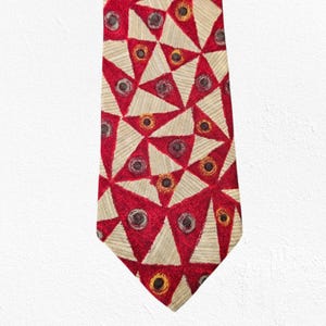 90s Vintage Bugatti Red Geometric Italian Silk Neck Tie – Bold Luxury Designer Menswear Statement Accessory Made in Italy